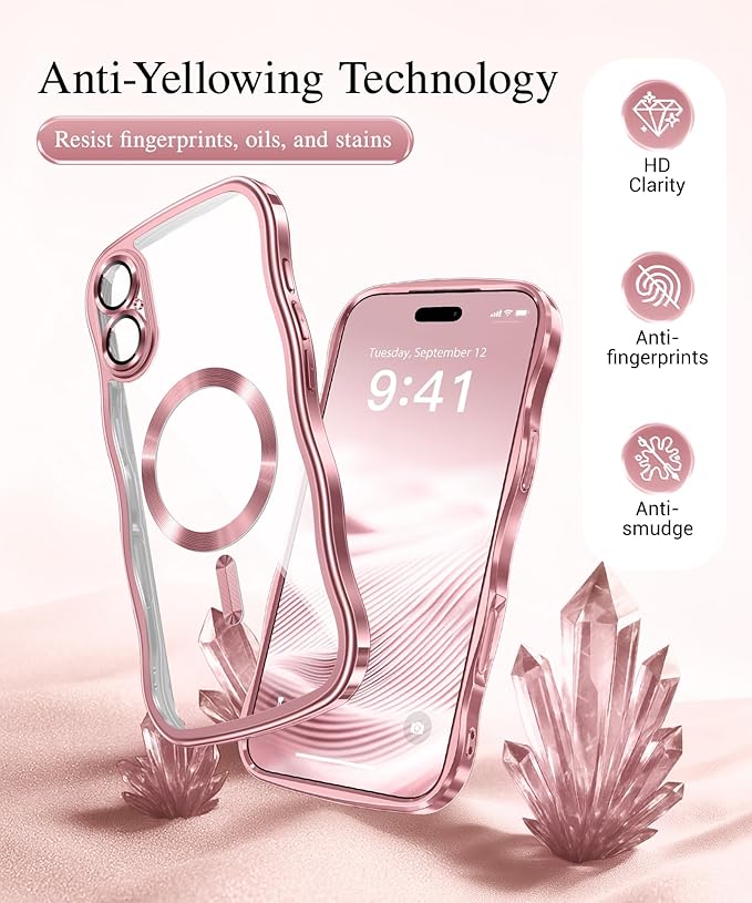 GVIEWIN for iPhone 17 Case Compatible with MagSafe, Upgraded [Full Camera Protection][Cute Wave Frame][Military Grade Protection] Electroplated Hard Phone Cover for Women Girl, Clear/Pink