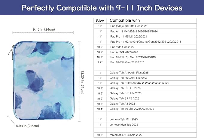 Dadanism 9-11" Tablet Sleeve Bag Carrying Case for iPad (A16) 11th Gen 11", iPad 10th Gen 10.9" Air 5/4, iPad Air M4/Pro 11", iPad 9/8/7th, Galaxy Tab A11+ Plus 11", Remarkable 2 10.3",Graffiti Blue