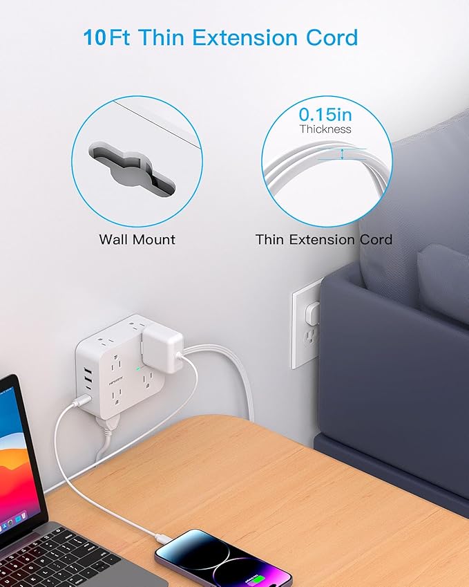 Extension Cord 10 Ft, Ultra Thin Flat Plug Power Strip Surge Protector with 8 Outlets 4 USB Ports (2 USB C), HANYCONY Outlet Extender Desk Charging Station for Home Office Dorm Room Essentials