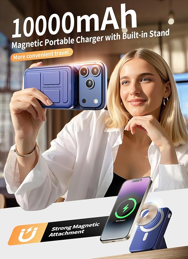 Magnetic Power Bank, 10000mAh Wireless Portable Charger with 20W USB-C Fast Charging, Foldable Stand & LED Display Battery Pack, Compatible with iPhone 16/15/14/13, Dark Blue