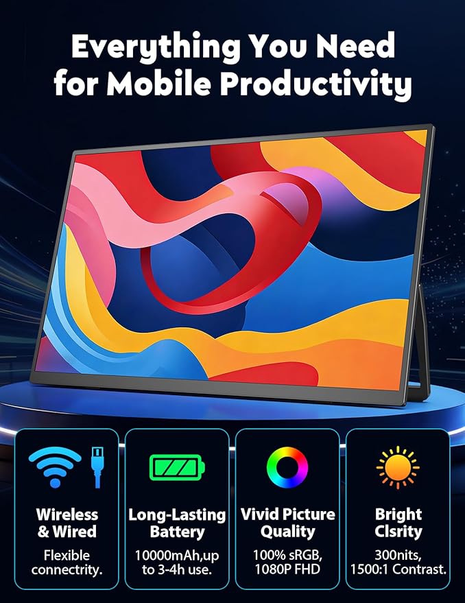 18.5" True Wireless Portable Monitor, 1080P FHD, 10000mAh Battery, Wireless Screen Mirroring (AirPlay/Miracast), Auto Rotation for Phone/Tablet, USB‑C & Mini HDMI, VESA, Protective Sleeve Included
