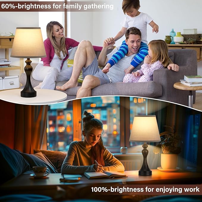 Seealle Touch Lamps for Nightstand - Bedside Lamps Set of 2, 3 Way Dimmable, USB C+A for Bedroom & End Tables (Black&Grey)