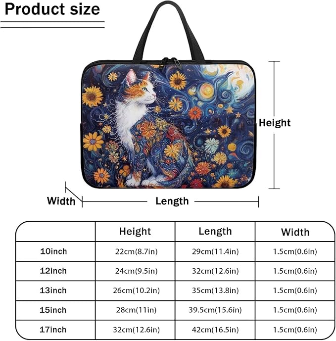 Starry Night Laptop Sleeve 13 Inch Laptop Protective Case Cute Cat Floral Computer Sleeve Neoprene Protective for 10-17 Inch Computer, Notebook, Chromebook, Tablet Bag