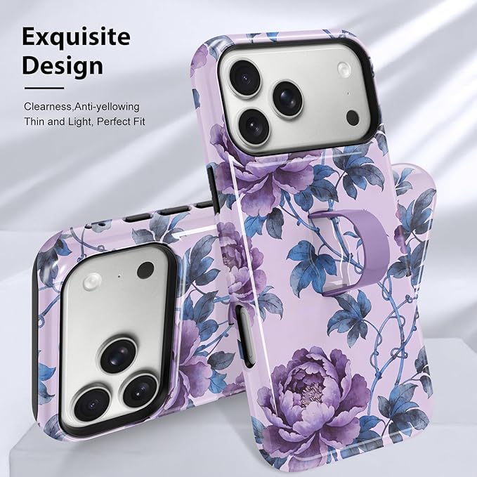 KANGHAR Compatible with iPhone 17 Pro Max Case, Support for MagSafe, Silicone Flower Floral Cute Pattern, Wristband Kickstand Camera Protection Soft Slim Phone Case for Girls Women -Purple