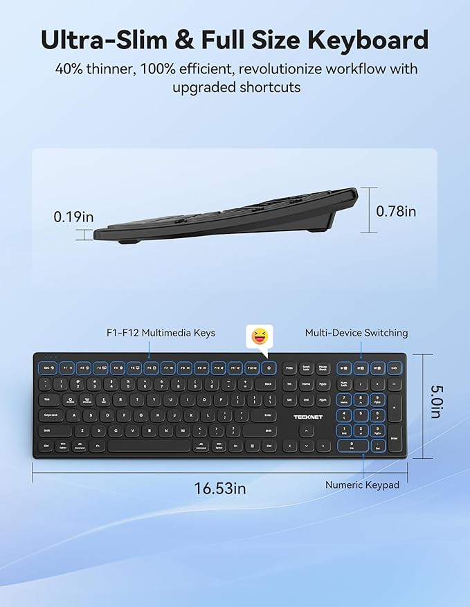 TECKNET Bluetooth Wireless Rechargeable Keyboard, Multi Device Free Switching (BT5.0+2.4G+Wired), Quiet Typing, Ultra-Slim Full Size with Numpad for Mac/Windows/Android/Desktop/PC, Stable Connection