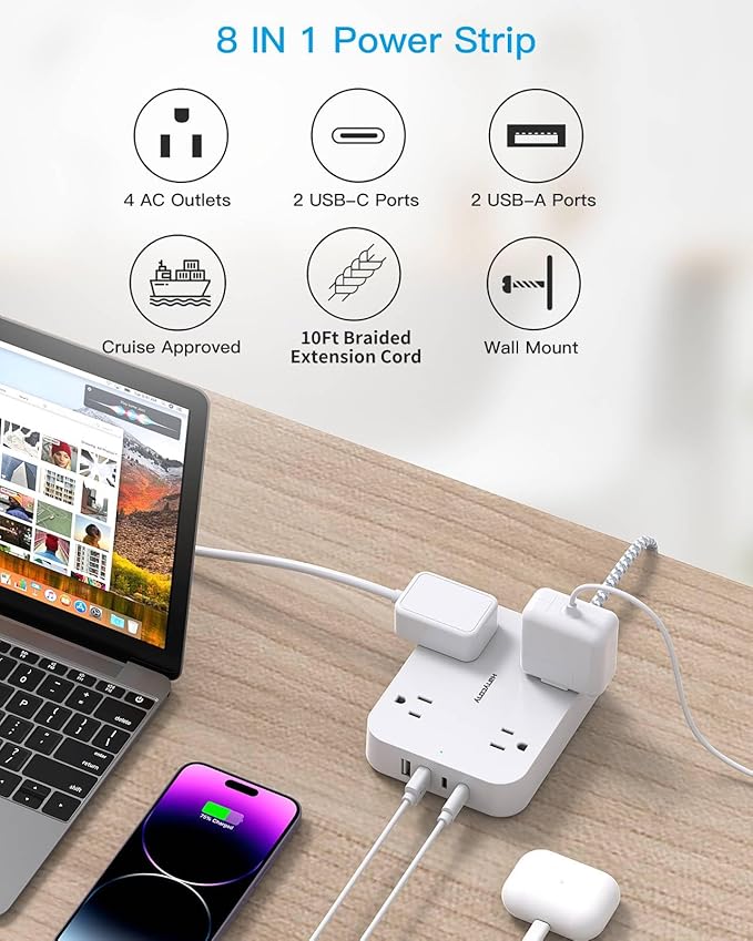 10 Ft Extension Cord, HANYCONY Ultra Thin Flat Power Strip with 4 Outlets 4 USB Ports (2 USB C), Wall Mount, Multi Plug Outlet Extender Desk Charging Station for Office Travel Dorm Room Essentials