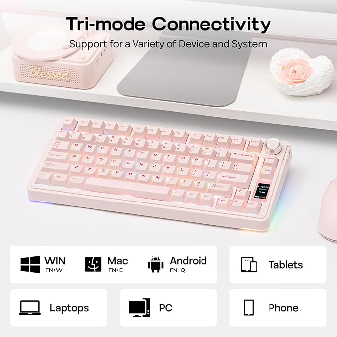 EPOMAKER X Aula EA75 MAX Wireless Gaming Keyboard with Screen & Knob, 5000mAh, Hot-Swap, Lubed Switches, RGB Backlit, Creamy Gasket, 75% Mechanical Keyboard (Pink, Reaper Switch)