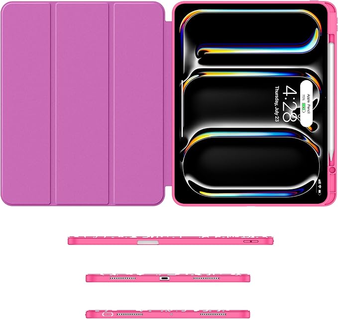 Soke Case for New iPad Pro 13 Inch (M5/M4, 2025/2024 Release), with Pencil Holder Trifold Stand Shockproof [Support Apple Pencil Charging + Auto Wake/Sleep], Soft TPU Back Cover, Book Hot Pink
