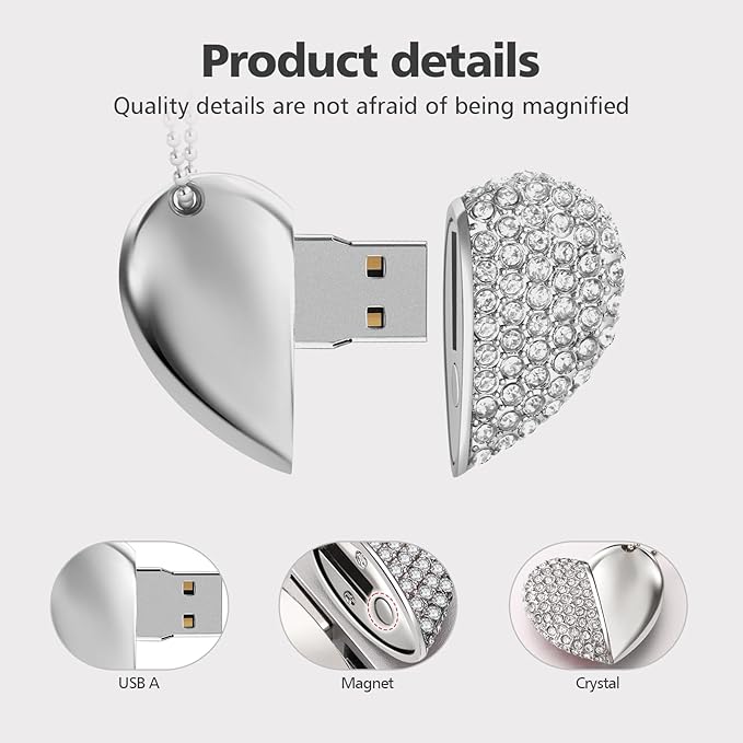 USB 2.0 Flash Drive,Cute Romantic Heart Shape USB Memory Stick,Thumb Drive for Photos, Music, Files Storage (Silver, 32, GB)