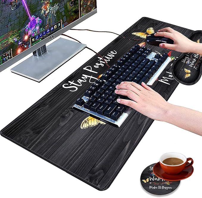 3 Piece Mouse Pad Set with Stitched Edge Large Anti-Slip Mouse Pad Desk Pad Keyboard Pad + Wrist Rest Pad + Coaster, Memory Foam Wrist Rest for Office/Home, Stay Positive Work Hard and Make It Happen