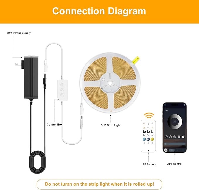 Pandery COB LED Strip Lights Warm White,24V Dimmable led Light Strip KIT with Remote and app Control,2700K 9.84FT/3m 8mm Wide Ra>90 Cuttable Flexible Strip Lights for Bedroom,Wardrobe,Cabinet