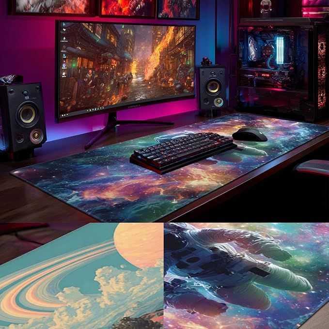 AQQA Dual-Sided Mouse Pad, Large Astronaut Desk Mat, XL Galaxy Gaming Keyboard Mat, Waterproof Big Extended Desk Protector for Home Office, 31.5”x15.7”