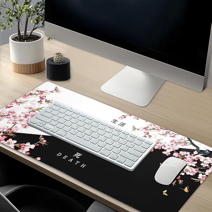 Black and White Cherry Blossom Gaming Mouse Pad XL，Extended Large Mouse Mat Desk Pad,Japanese Pink Sakura Death Life Long Non Slip Rubber Base Mice Pad 31.5 X 11.8 Inch