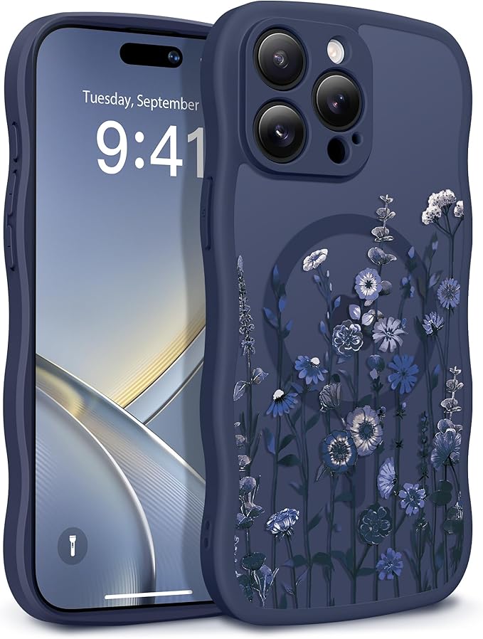 GVIEWIN for iPhone 15 Pro Max Case Compatible with MagSafe [Curly Wave Edge][Full Camera Protection] Floral Translucent Shockproof Magnetic Women Phone Case for 15 Pro Max 6.7'', Floratopia/Blue