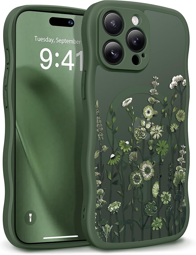 GVIEWIN for iPhone 15 Pro Max Case Compatible with MagSafe [Curly Wave Edge][Full Camera Protection]Floral Translucent Shockproof Magnetic Women Phone Case for 15 Pro Max 6.7'',Floratopia/Forest Green