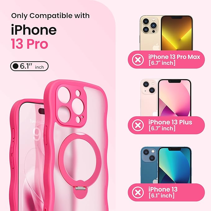 CAPRARO for iPhone 13 Pro Case with 360° Spin Magnetic Stand for Women, [Compatible with MagSafe] [Full Camera Protection] Cute Wave Translucent Matte Case for iPhone 13 Pro, Hot Pink
