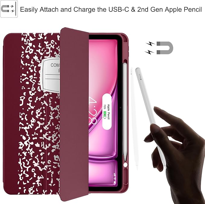 Soke Case for iPad Air 13 Inch (M4/M3/M2,2026-2024), iPad Pro 12.9" 6th/5th Generation with Pencil Holder(2021 2022 Release)-[Apple Pencil Charging + Auto Wake/Sleep] Soft Back Cover, Book Wine