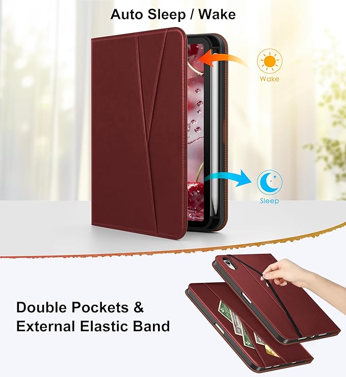 DTTO for iPad mini 7 (A17 Pro) Case, iPad mini 7th / 6th Generation Case (2024/2021), 360 Degree Rotating Premium Leather Folio Stand Cover with Pencil Holder, Burgundy Red