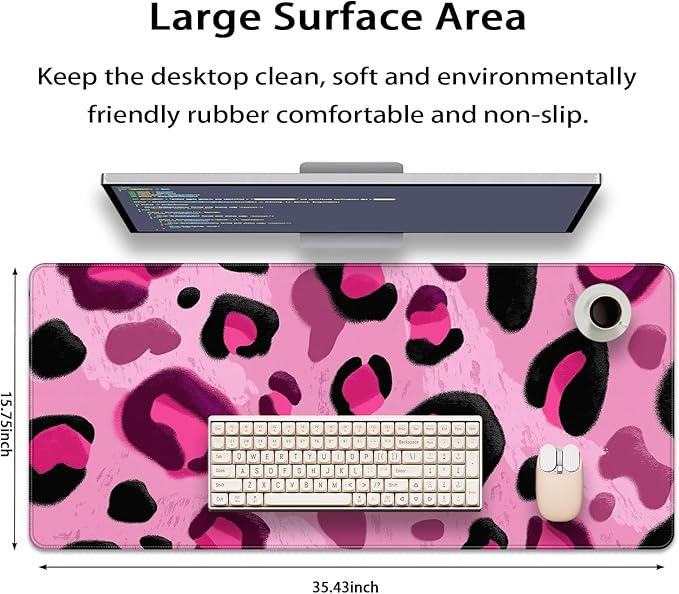 35.4 x 15.7 in, XXL Large Mouse Pad for Desk, Extended Keyboard Mouse Mat for Computer Office, Big Mouse pad with Stitched Edges, Gaming Pc-Pink and Black Leopard Print