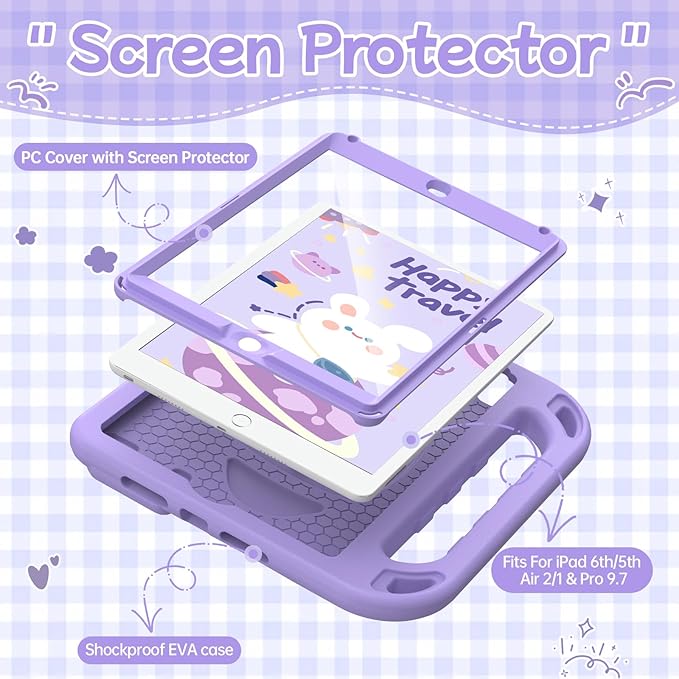 BMOUO Kids Case for iPad 5th/6th Generation, iPad 9.7 2018/2017 Case with Screen Protector, Shockproof iPad Air 2 Case with Handle Stand, Light Purple