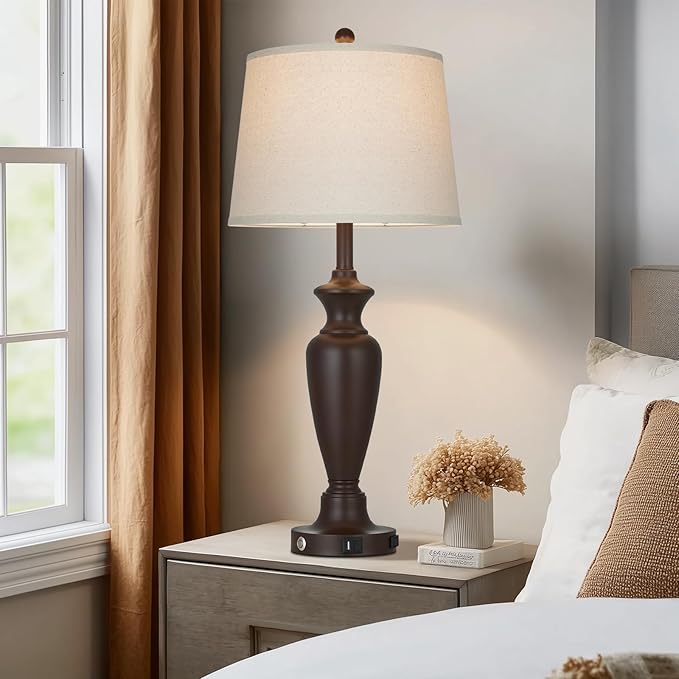 Cinyirong 30" Tall Metal Table Lamps Set of 2, Touch Control Bedside Lamps for Bedroom Nightstand, 3-Way Dimmable Farmhouse Lamp for Living Room with Charging Ports, Brown (2 LED Bulbs Included)