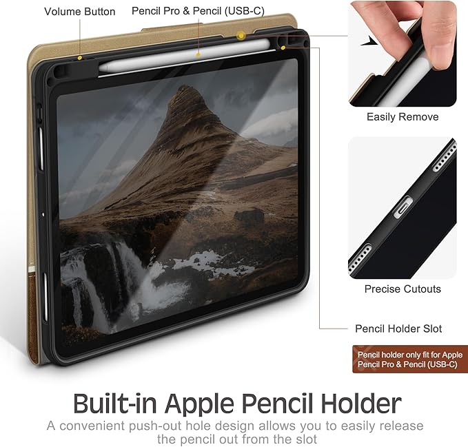 KingBlanc Case for iPad Pro 13 inch (M5 2025/M4 2024) with Pencil Holder, Vegan Leather Stand Cover, Auto Sleep/Wake, Support Pencil Pro/(USB-C), Viewing/Writing Angles, Vintage Notebook Style, Beige