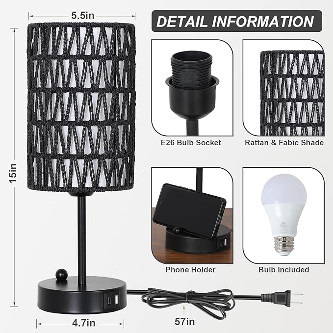 Black Bedside Lamps Set of 2, Touch Control Night Stand Lamp for Bedroom with Rattan & Linen Shade & Bulbs, 3 Way Dimmable Small Boho Table Lamps with USB Charging Port & Phone Stand