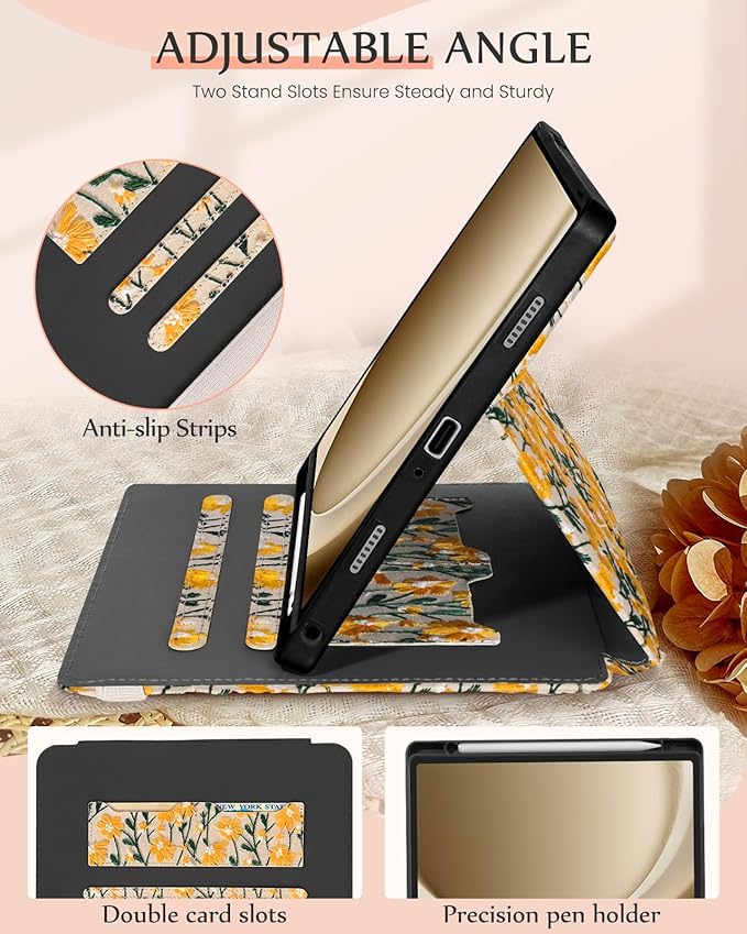 Uppuppy for Samsung Galaxy Tab A9 Plus Case 11'' - for Women Girls Cute Embroidered Folio Stand Cover with Pencil Holder & Card Slot Girly Yellow Daisy Design Aesthetic Cases for Samsung Tab A9 Plus