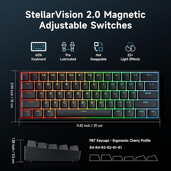 MCHOSE Ace 60 PRO Gaming Keyboard 60 Percent, Hall Effect Keyboard Wired, Magnetic Switch Keyboards Rapid Trigger, 8K Polling Rate, Adjustable Actuation Point, RGB Lighting, HotSwap, Black
