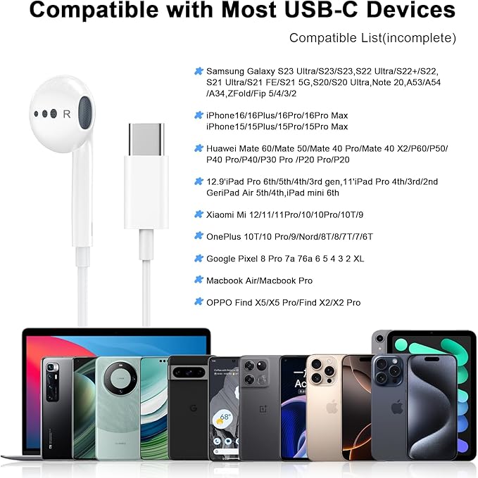 USB C Headphones for iPhone 17 16,2 Pack Type C Wired Earbuds with Microphone & HiFi Stereo Remote Noise Cancelling Earphones for iPhone 17/17 Pro Max/17 Air/ 15/15Pro/16/16 Pro Max,iPad,Galaxy S23