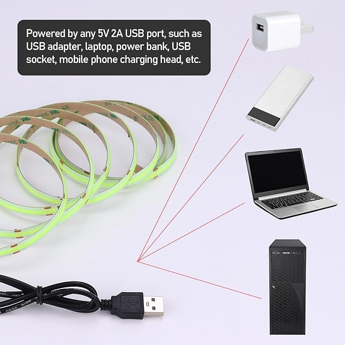 DC 5V USB COB Green LED Strip Light Dimmable IP65 Waterproof USB Powered 6.6ft/2M 640LEDs with Dimmer High Brightness Flexible LED Tape Lights