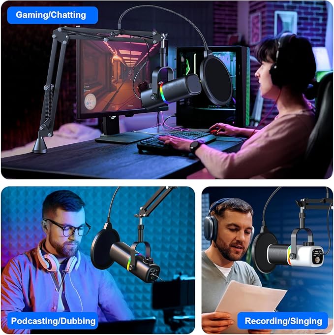 Aokeo AK-10 USB Gaming Microphone with mic arm, Condenser Microphone for PC/MAC/PS4/PS5/Phone-Cardioid Mic with RGB Lighting（White）