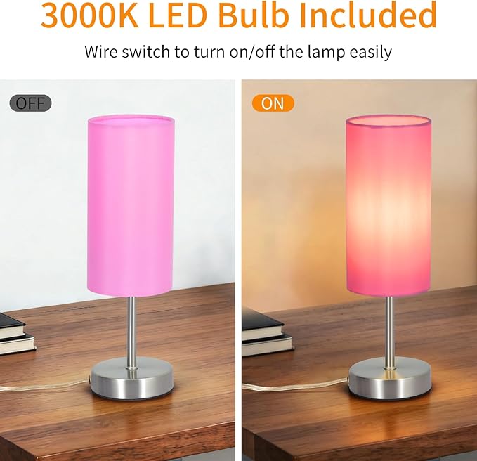 RISLG 2 Pack Small Table Lamps for Bedroom, Bedside Lamps for Nightstand with Wire Switch, Minimalist Modern Desk Lamps with Linen Fabric Shade for Kids Room Living Room Office Dorm, Bulb Included