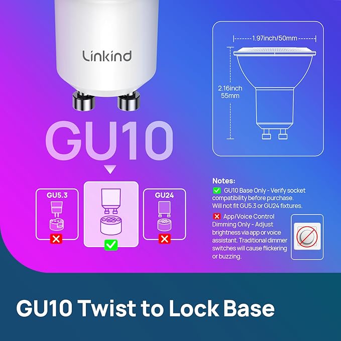 Linkind GU10 Smart Light Bulbs, 40W 470LM Color Changing Light Bulbs, Works with Alexa/Apple Home/Google Home, Dimmable(1800K-6500K), Music Sync & Light Shows, 2Pack