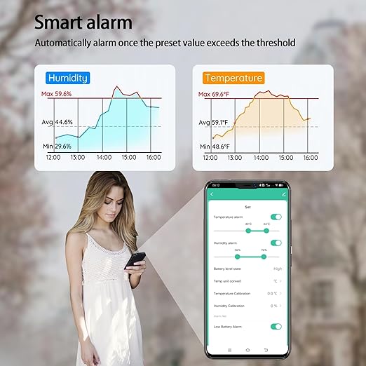 WiFi Hygrometer Thermometer Sensor, Wireless Smart Temperature Humidity Monitor with Remote App Notification Alert, for Home, Greenhouse Black (2 Pack)