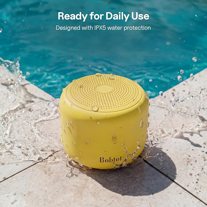Bobtot Portable Bluetooth Speakers with Strap Easy to Carry, Wireless Waterproof Mini Speaker with Loud Stereo Sound, 20 Hours Playtime, Rechargeable Battery, Built-in Microphone, Yellow