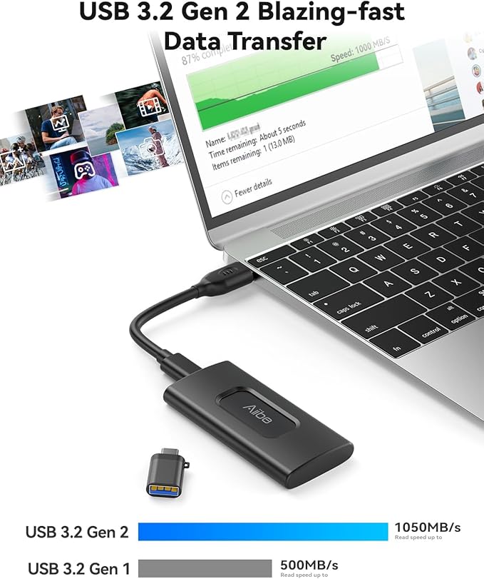 Aiibe 500GB External Solid State Drive USB C Portable SSD USB 3.2 Gen 2, Up to 1050MB/s, External SSD 500GB External Hard Drive for iPhone 15/Pro, Laptop, Mac and PS4 (Black)