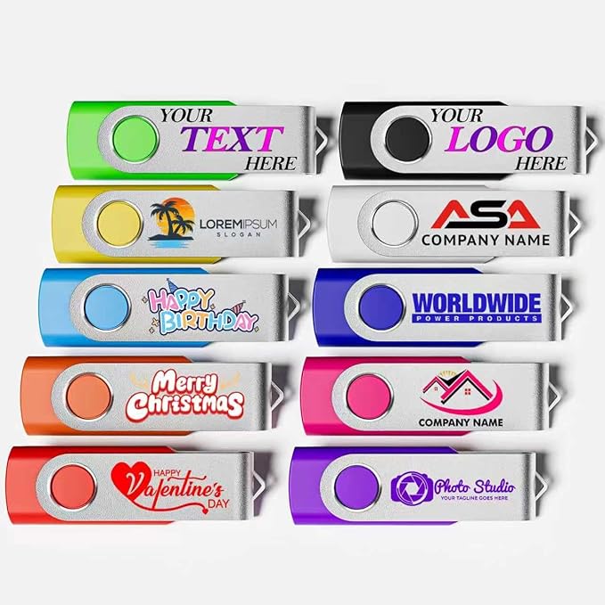 Custom USB 2.0 Personalized Flash Drive 64GB, 10Pcs High-Speed Memory Sticks with Printed Logo/Text, Bulk Promotional Thumb Drives for Company AD/Education/Wedding/Corporate Event