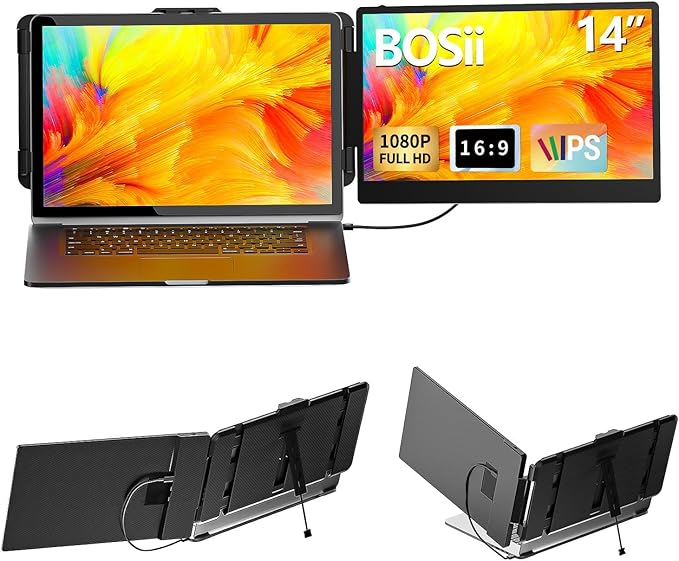 BOSII Laptop Screen Extender Monitor - 14 Inch Dual IPS FHD 1080P HDMI/USB-A/Type-C Extended Portable Monitor for Laptops (Maximum Length: 15.74") Compatible with Windows Mac Travel Work