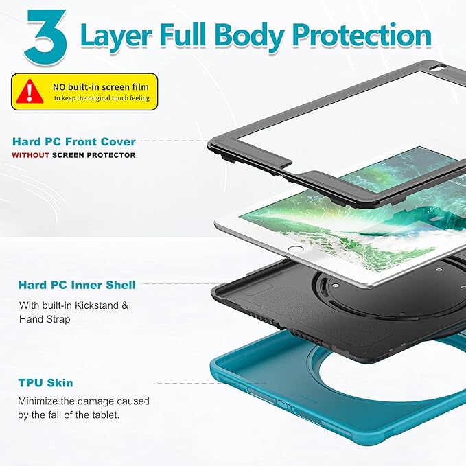 BATYUE Case for iPad 6th Generation 9.7 inch 2018, iPad 5th Gen 2017, iPad Air 2/ iPad Pro 9.7'',Shockproof Protective Cover with Pencil Holder &Rotating Kickstand for Kids,Boys,Girls, Light Blue