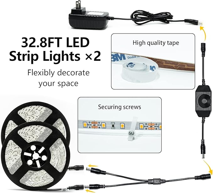 LED Strip Lights 65.6ft Dimmable 3000K Warm White Strip Lighting, 12V 20M 1200 LEDs 2835 Flexible Ribbon led Light for Bedroom, Kitchen, Home Decoration.