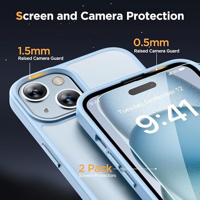 Miracase Magnetic for iPhone 15 Plus Case 6.7 inch (Compatible with MagSafe)（with 2X Screen Protectors） Military-Grade Protection, Anti-Fingerprint Translucent Matte Phone Cover, Light Blue