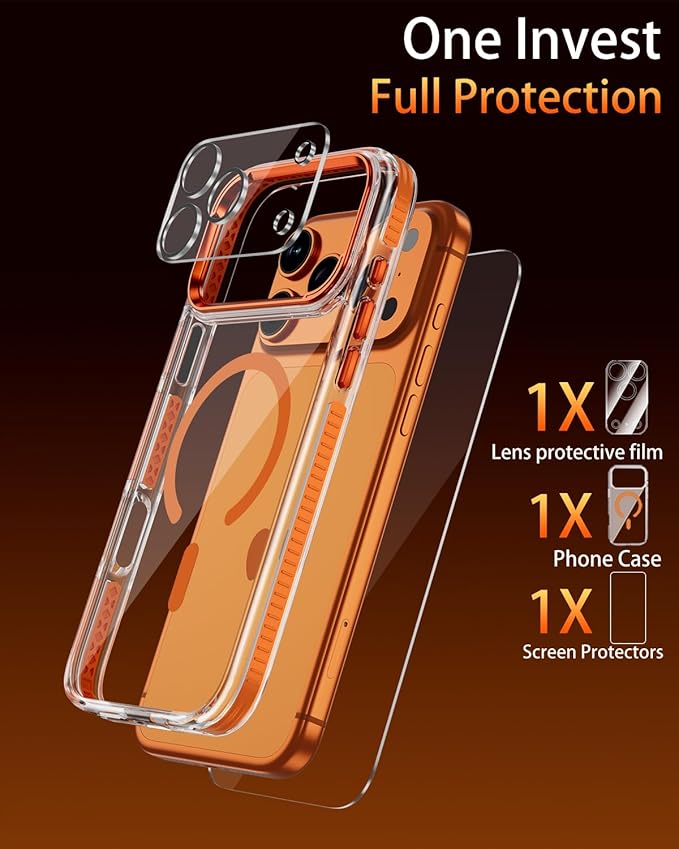 Full Body Protection Kit for iPhone 17 Pro Case, MagSafe Compatible Clear Cover, Orange Non-Slip Grip Bumper, N52 Magnetic Backing, Includes Tempered Glass Screen Protector and Lens Film