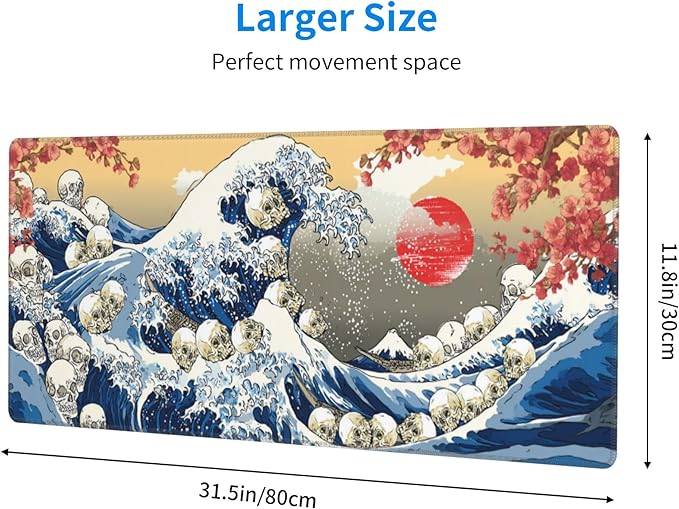 Japanese Waves Skull Mouse Pad Extended Large Gaming Mouse Pad XL Stitched Edges for Gamer Home Office 31.5 X 11.8 Inch