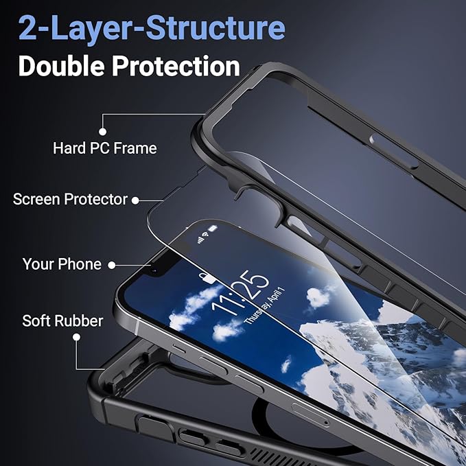 Magnetic for iPhone 13/14 Case,[Screen Protector] [Compatible with MagSafe][Military Grade Drop Protection][Heavy Duty Protection][Shockproof] 2-Layer Durable Bumper Phone Case 6.1"-Black