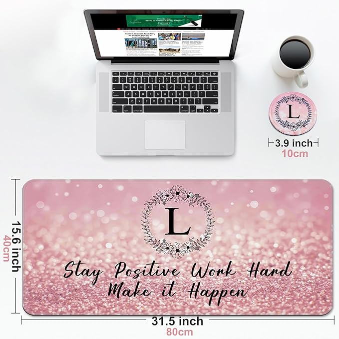 Pink Large Gaming Mouse Pad with Coaster, Desk Mat, Mouse Pad for Computer Keyboard Laptop Office Decor, Stitched Edges Extended Mousepad, 31.5'' x15.6''-Letter L