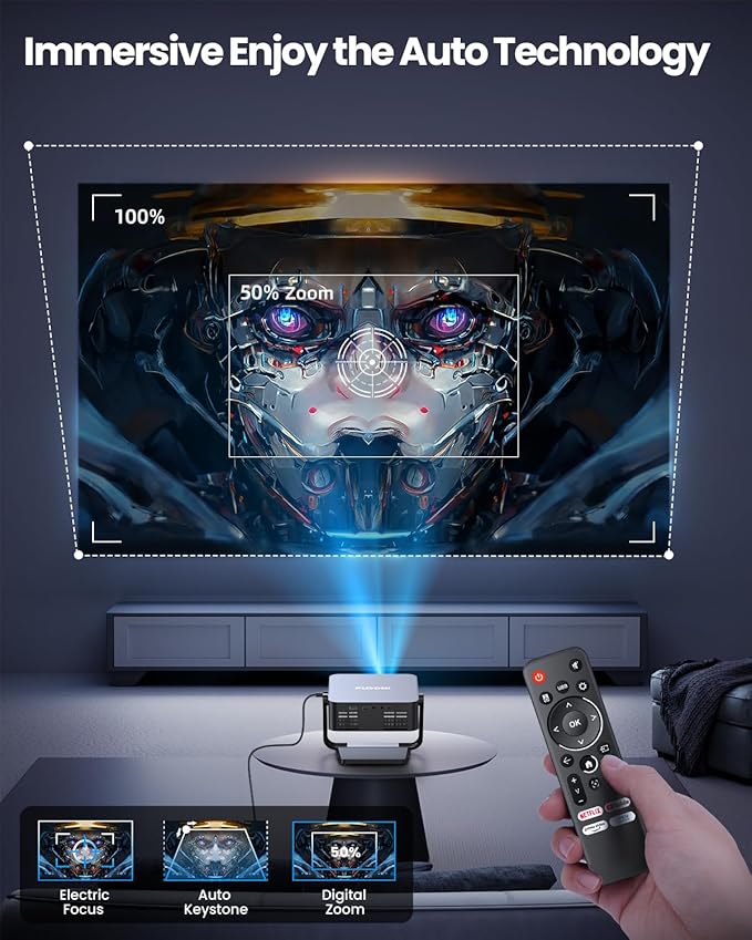 [Built-in Apps/Dolby Audio] FUDONI Smart Projector with WiFi 6 and Bluetooth, 1080P Full HD Projector with Netflix/ Prime Video/Youtube, Zoom Correction, Movie Proyector for Home & Outdoor