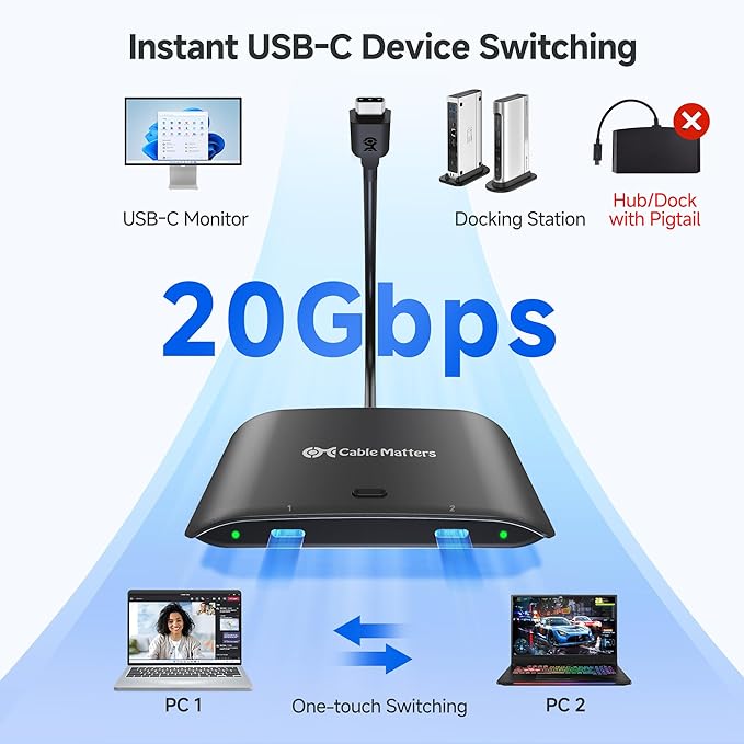 Cable Matters 20Gbps USB C Switch for 2 Computers, Up to 8K@30Hz on Windows, 4K@60Hz on macOS, 140W PD, for Sharing a USB-C/Thunderbolt 4 Monitor or Dock (Not Work with Captive Cable Docks), Black