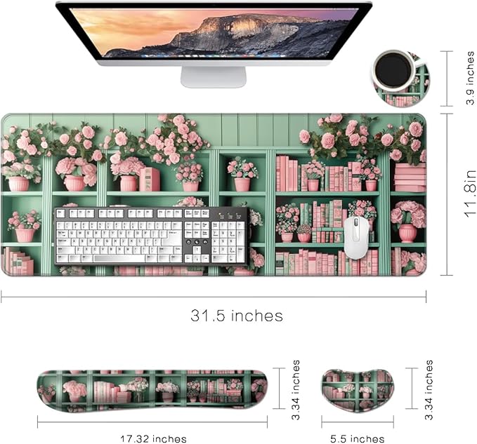 MIBITRI Keyboard Mouse Pad Set, Extended Gaming Mouse Pad+Ergonomics Keyboard Wrist Rest Support, Memory Foam, Easy Typing Pain Relief, 4Pcs XXL Ultra Thick Desk Mat, Bookshelf Florals