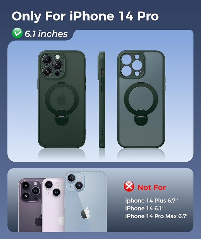 FNTCASE for iPhone 14 Pro Case: [360 Spin Magnetic Stand] [Compatible with Magsafe] [Screen Protector] Translucent Matte Military Grade Shockproof Full Camera Protective Phone Cover - Green